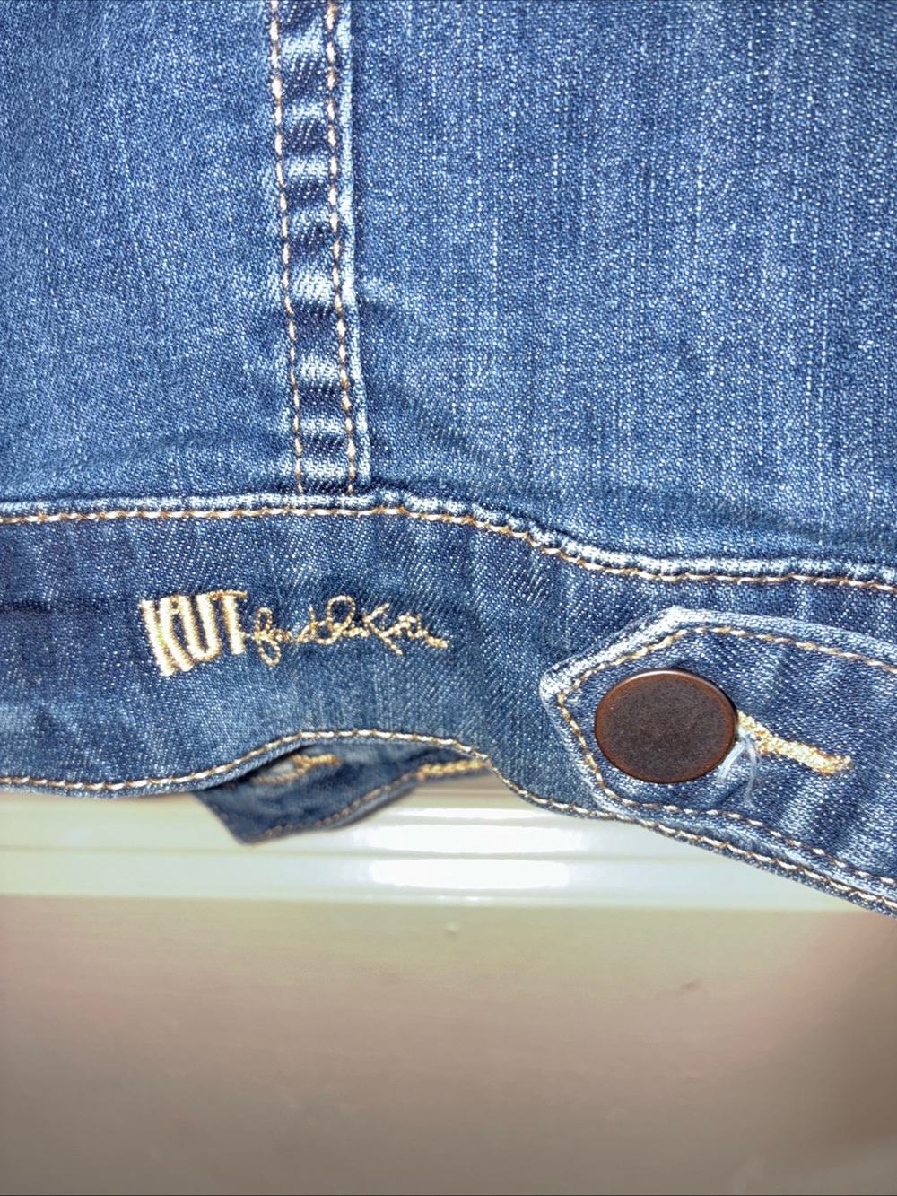 Kut from the Kloth Blue Denim Jacket with Brown and White Cow Print Yoke - Picture 5 of 8